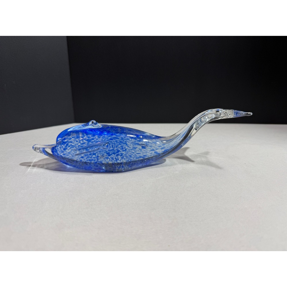 Hand Blown Art Murano Style Glass Dolphin Figurine Cobalt Blue Paperweight